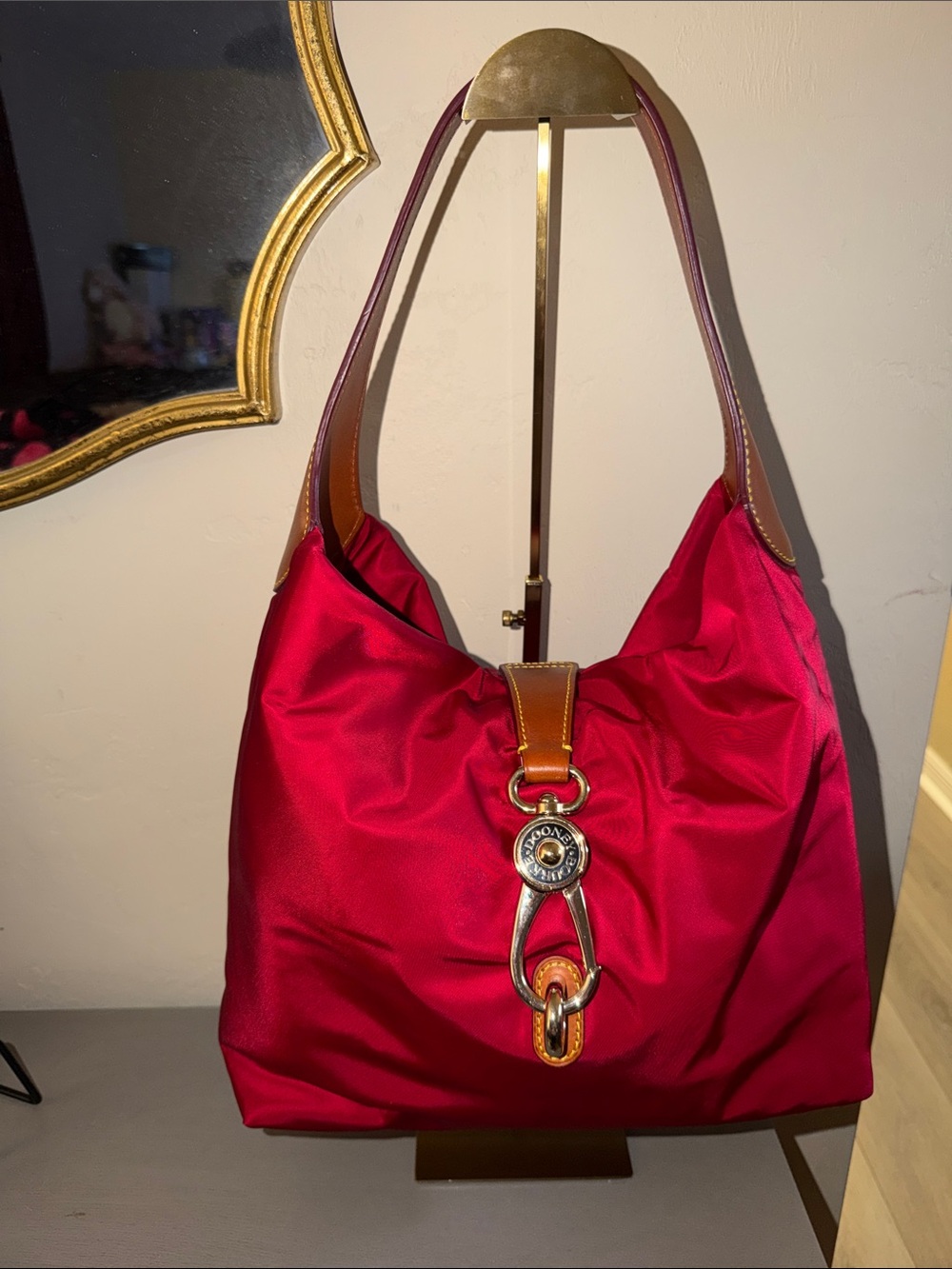Dooney & Bourke Bright Red Shoulder Bag with Brown Leather Trim